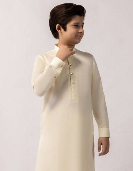 Kids Ethnic Wear offwhite kameez shalwar by J., showcasing a stylish semi formal look with a comfortable fit for boys' festive occasions.