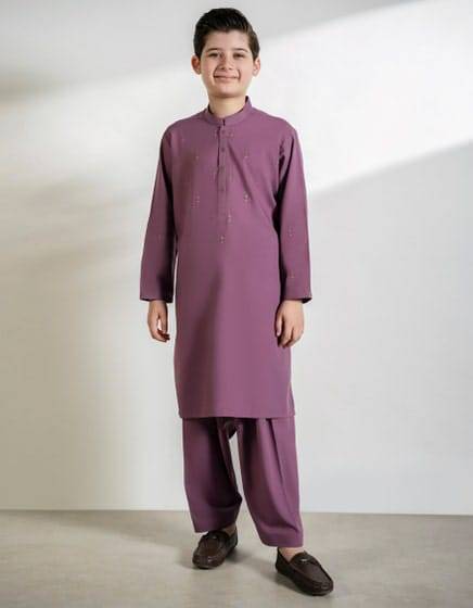J. Lilac Kameez Shalwar for boys from Monsoon Collection, featuring a traditional design in soft blended fabric. Ideal kids Pakistani clothes.