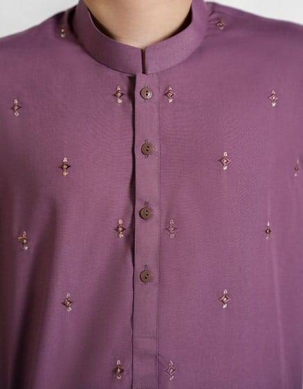 Detailed embroidery and button placket on J. Lilac Kameez Shalwar. Premium boys Pakistani clothing with fine craftsmanship.