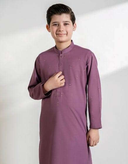 Close-up of J. Lilac Kameez Shalwar showing embroidered details and buttoned neckline. Stylish boys clothing for festive occasions.