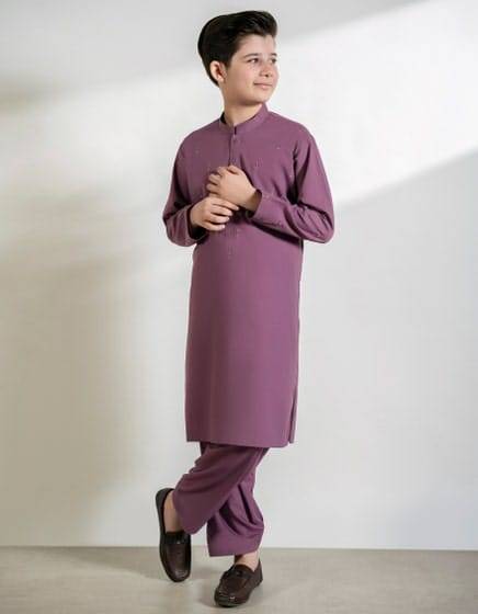 Stylish lilac boys Kameez Shalwar by J., showcasing a relaxed fit and elegant embroidery. Perfect for traditional kids wear.