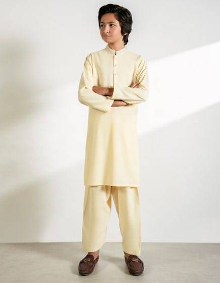 J. Beige Blended Kameez Shalwar for boys featuring a classic straight fit design, ideal for Eid and festive wear in light beige color.