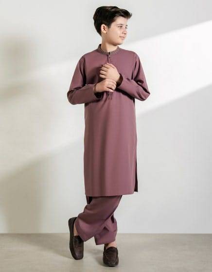 J. PLUM BLENDED KAMEEZ SHALWAR - J. Kids Collection Boys outfit featuring a stylish plum shirt and bottom set, ideal for formal or casual wear.