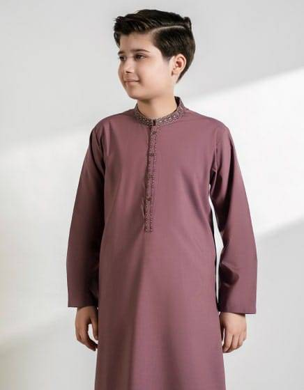 Close-up of J. PLUM BLENDED KAMEEZ SHALWAR showing the elegant plum color and smart fit from J. Kids Collection Boys apparel line.