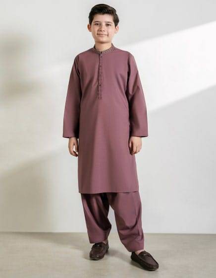 Comfortable J. Kids Collection Boys plum blended kameez shalwar with neat stitching, perfect for traditional occasions and everyday wear.