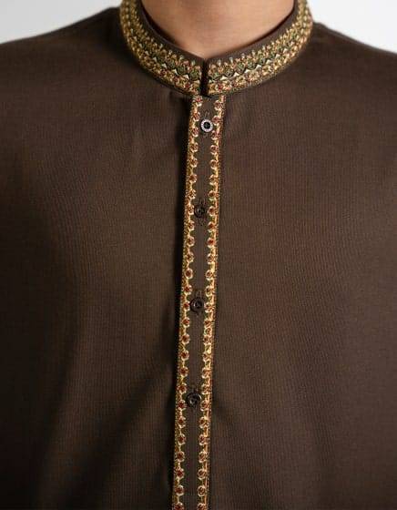 Close-up of J. FEROZI KAMEEZ SHALWAR neckline with intricate embroidery and button detailing, highlighting premium craftsmanship for kidswear.