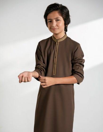 Modern fit J. FEROZI KAMEEZ SHALWAR for boys in brown, showcasing detailed embroidery and comfortable sleeves for stylish ethnic wear.