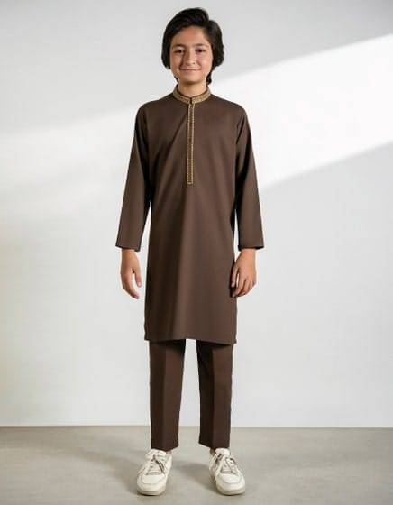 Pakistani kids brown J. FEROZI KAMEEZ SHALWAR set with straight pants and embroidered placket, perfect for traditional and formal occasions.