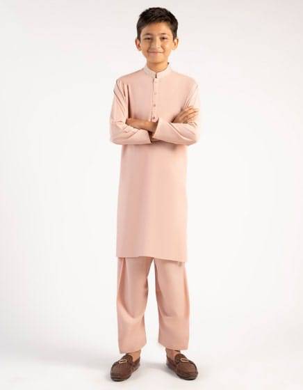 J. PINK Shop Junaid Jamshed boys kurta trouser set in modern fit, featuring a classic straight cut and full sleeves for formal or casual wear.