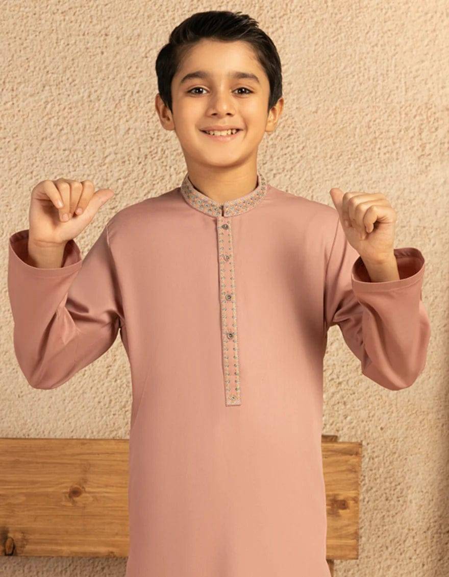 J. Tea Pink Kurta for boys with full sleeves and elegant embroidery, part of the kids kurta trouser collection available for fast USA shipping.