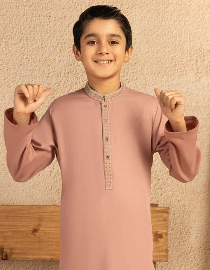 J. Tea Pink Kurta for boys with full sleeves and elegant embroidery, part of the kids kurta trouser collection available for fast USA shipping.