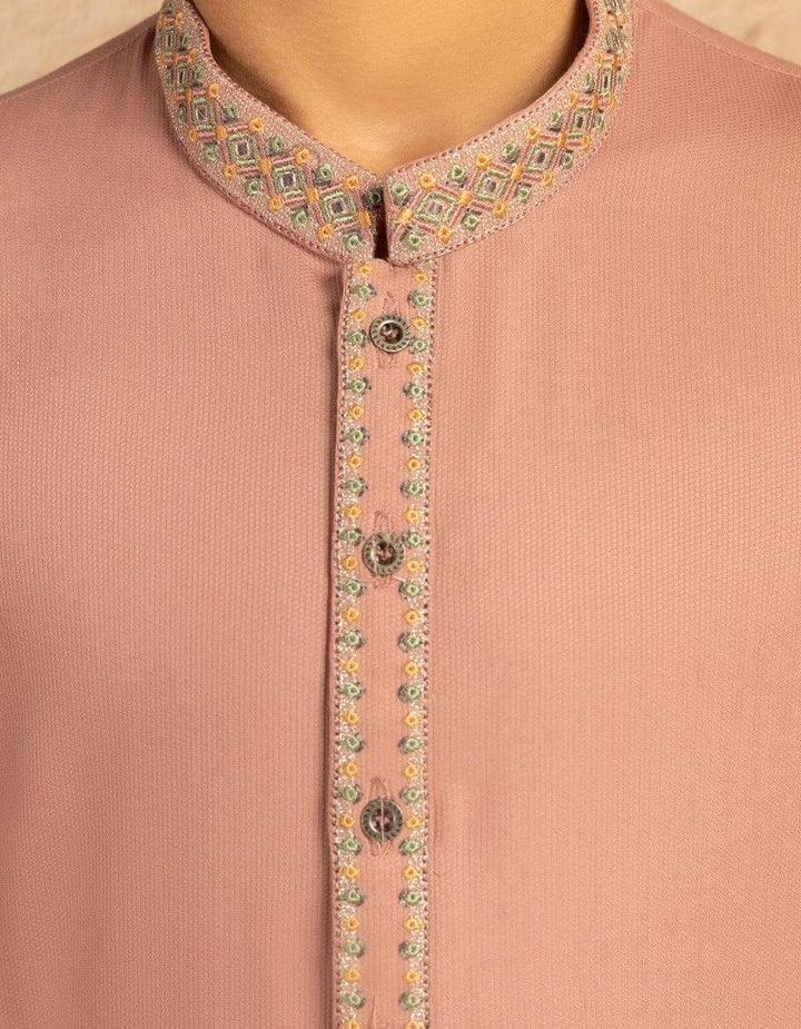 Detailed embroidery on the neckline and buttons of the J. Tea Pink Kurta Trousers, highlighting craftsmanship and premium finish for kids' wear.