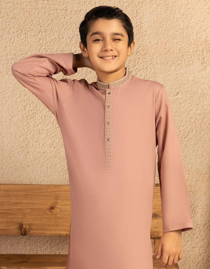 Close-up of J. Kids Tea Pink Kurta showcasing detailed embroidery on the collar and placket, ideal for cultural events and celebrations.