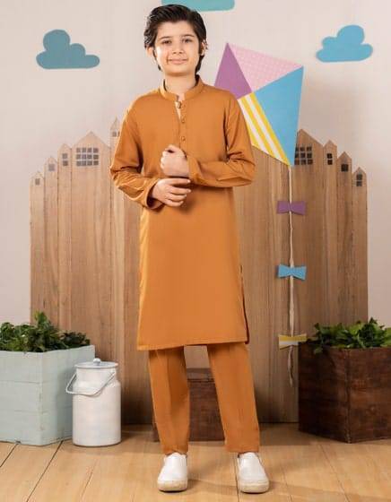 Junaid Jamshed Kids Shalwar Kameez in mustard color featuring a blended kurta trouser set, ideal for festive occasions and traditional wear.