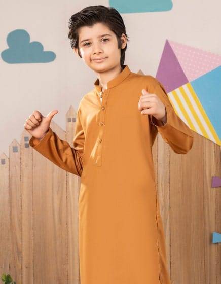 Mustard blended kurta from Junaid Jamshed Festive Collection for kids, showcasing a stylish and comfortable shalwar kameez design.