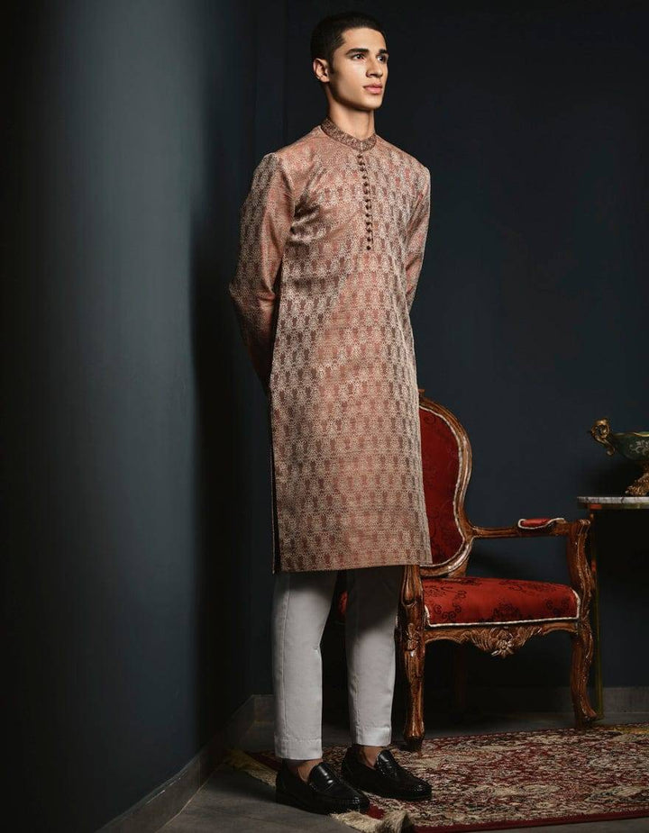J. ROSE GOLD - Pakistani Boys Kurta USA in rose gold with intricate pattern, long sleeves, and buttoned neckline. Ideal for festive or formal wear.