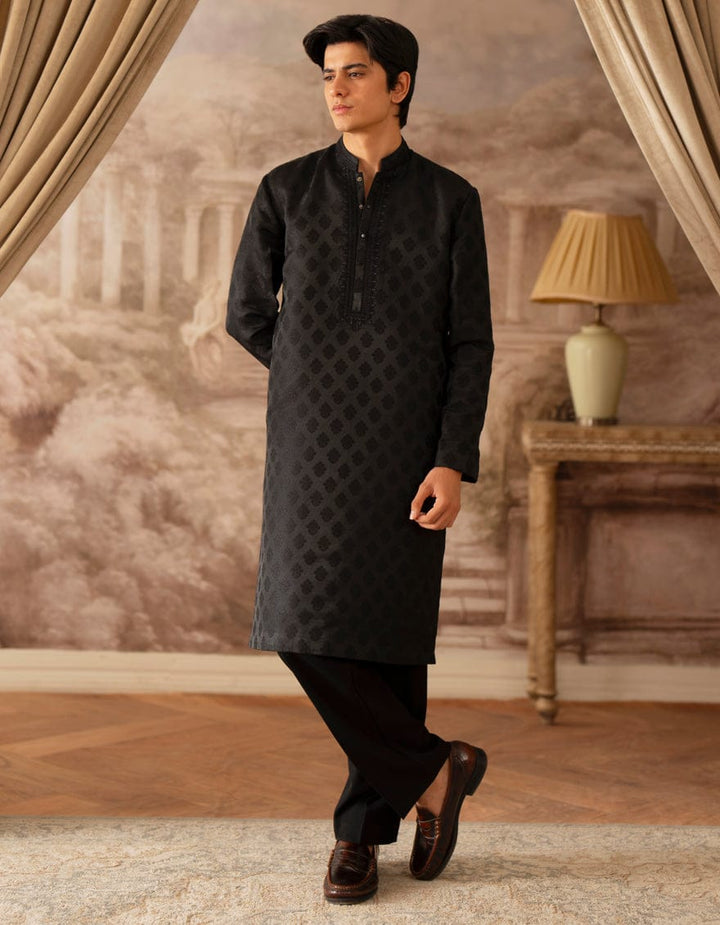 J. BLACK BLENDED boys kurta in black with subtle geometric pattern, full sleeves and band collar, perfect for festive or formal wear.