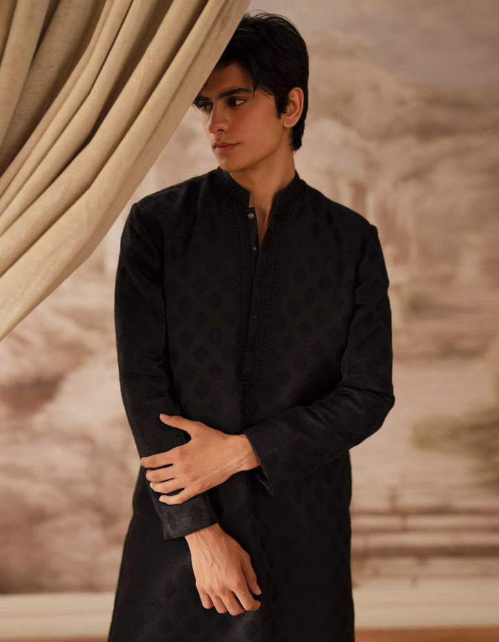Close-up of J. BLACK BLENDED boys kurta in black, showcasing detailed fabric texture and neckline design from New Arrivals '25 collection.