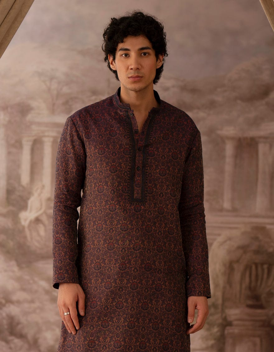J. PEACH BLUE Buy Junaid Jamshed Boys Kurta |New Arrivals, close-up of the upper half showing the detailed neckline and rich fabric design.