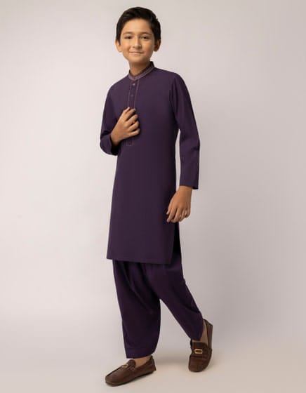 J. Purple Kameez Shalwar for boys featuring a traditional design, perfect for Eid celebrations. Buy Boys Eid Dress USA in elegant deep purple.