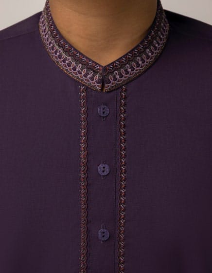 Detailed embroidery on the collar and placket of J. Purple Kameez Shalwar. Shop Boys Eid Dress USA for quality traditional attire.