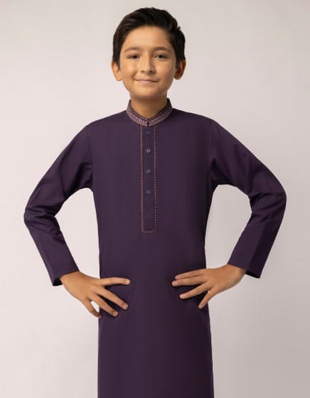 Close-up view of J. Purple Kameez Shalwar showing detailed embroidery on the neckline. Buy Boys Eid Dress USA for premium ethnic wear.