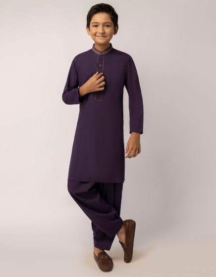 Stylish J. Purple Kameez Shalwar set for boys with classic tailoring. Ideal boys Eid dress in USA for festive and cultural occasions.