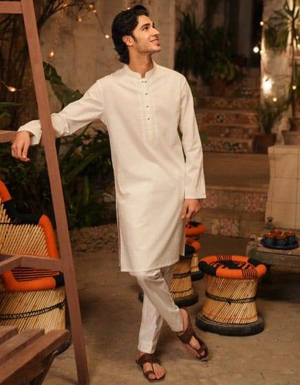J. WHITE COTTON FORMAL KURTA - Buy J. Kurta Online | Cotton, Regular; full-length view of man wearing white cotton kurta with classic straight fit.