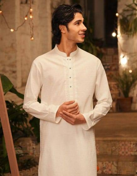J. WHITE COTTON FORMAL KURTA - Buy J. Kurta Online | Cotton, Regular; close-up of white regular-fit kurta with button placket and band collar.