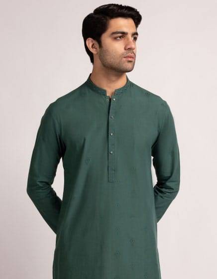 Close-up of Junaid Jamshed green semi-formal kurta JJK-A-33685-05 showing regular fit and embroidered detailing on collar and placket.