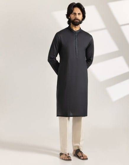 J. KURTA - Buy Junaid Jamshed men kurta in black cotton, regular fit semi-formal shirt with straight hem and full sleeves, perfect for festive wear.