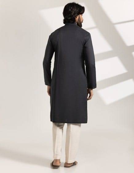 Back view of Junaid Jamshed black cotton kurta JJK-S-33464-04, showcasing regular fit and long length, ideal for semi-formal occasions.
