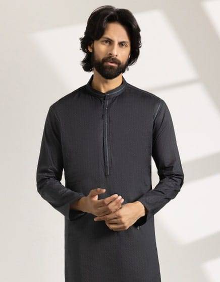 Close-up front view of J. KURTA JJK-S-33464-04 in black cotton, featuring a sleek placket and regular fit for a refined semi-formal look.