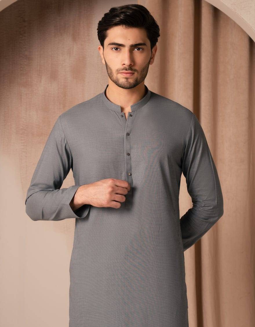 Close-up front view of J. Grey Cotton Kurta JJK-A-33525-05 showing button placket and mandarin collar. A stylish regular fit kurta for men.