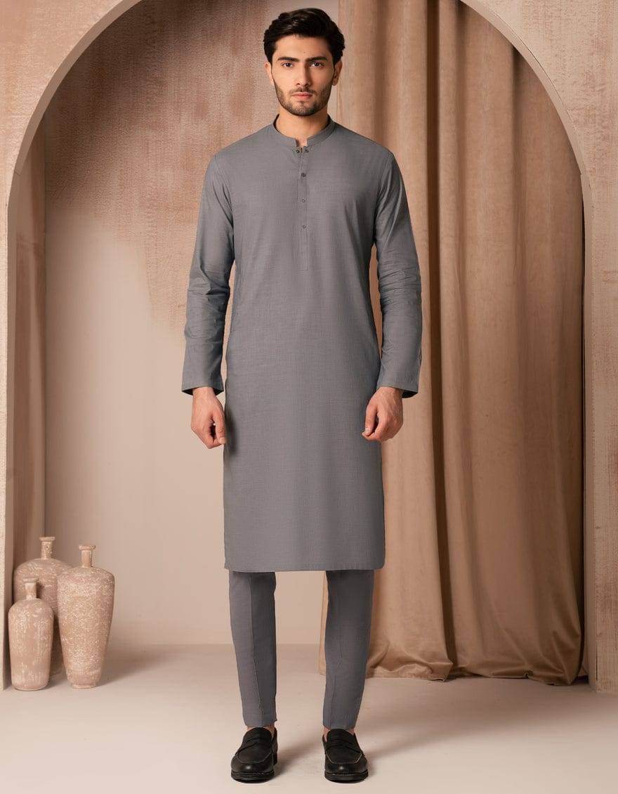 J. Grey Cotton Kurta JJK-A-33525-05 in regular fit, full-length front view styled with matching trousers. Ideal for festive and casual wear.