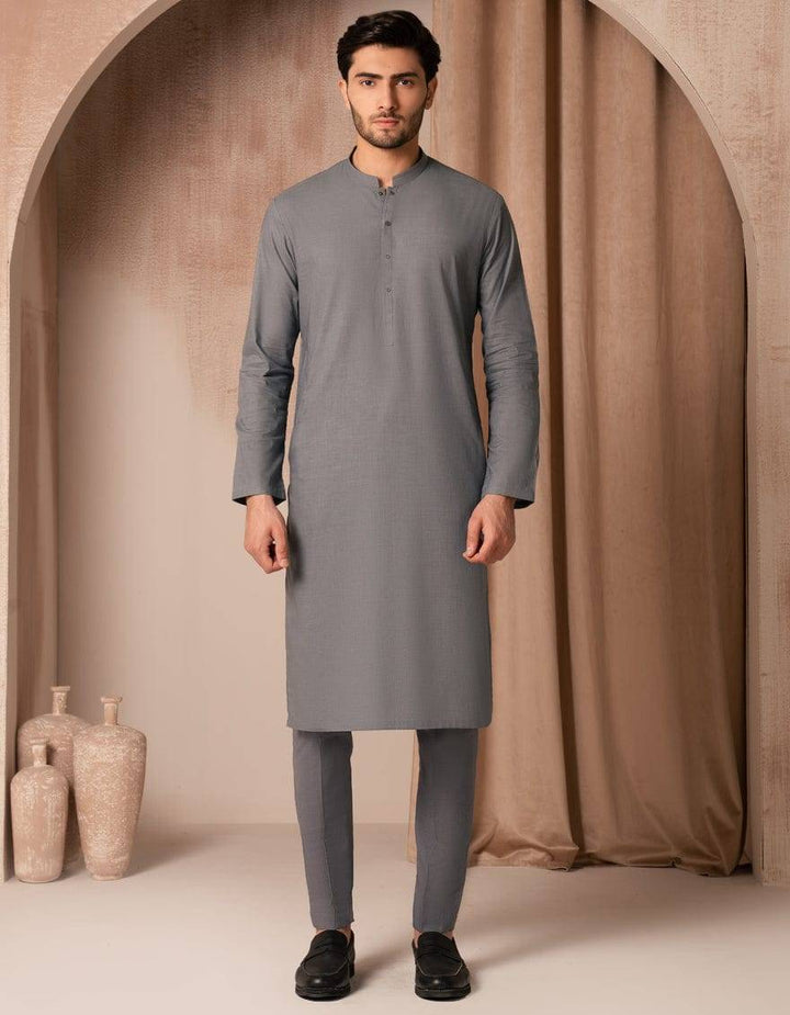 J. Grey Cotton Kurta JJK-A-33525-05 in regular fit, full-length front view styled with matching trousers. Ideal for festive and casual wear.