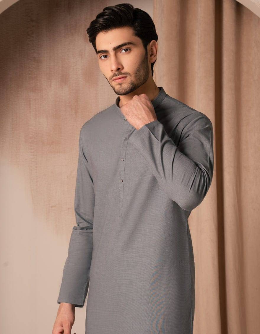 Side angle of J. Grey Cotton Kurta JJK-A-33525-05 highlighting the sleek tailoring and soft cotton fabric. Perfect for traditional occasions.