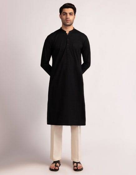 J. Black Kurta - Shop Junaid Jamshed Men Kurtas | Regular Fit black cotton formal kurta with full sleeves and straight hem, ideal for formal wear.