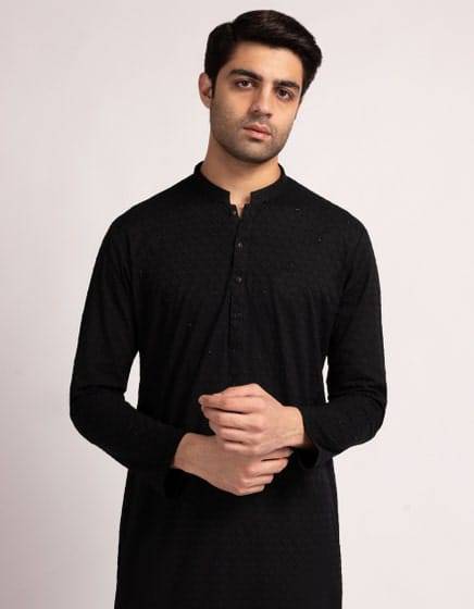J. Black Kurta - Shop Junaid Jamshed Men Kurtas | Regular Fit featuring a mandarin collar and buttoned placket, tailored for a sleek formal look.