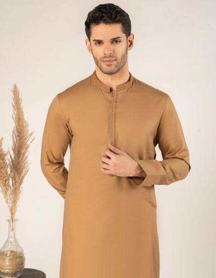 J. SEMI-FORMAL KURTA - Buy Junaid Jamshed Kurta in USA | Regular Fit men's beige kurta with embroidered placket and band collar, perfect for semi-formal events.