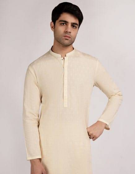 J. BEIGE COTTON FORMAL KURTA - Buy Stitched Junaid Jamshed Kurta with mandarin collar and button placket, crafted for a smart traditional look.