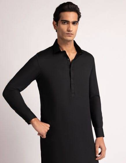 Close-up of J. Black Casual Kameez Shalwar - Junaid Jamshed men's kurta featuring a sleek button placket and tailored fit for a refined casual look.
