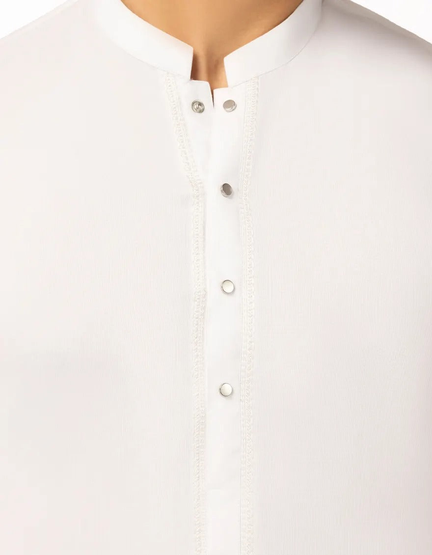 White semi-formal kameez shalwar with button placket, detailed view