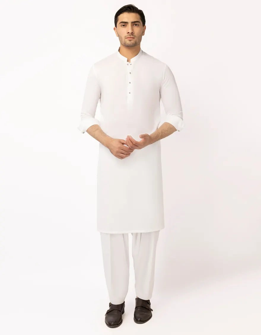 White semi-formal kameez shalwar for men, front view