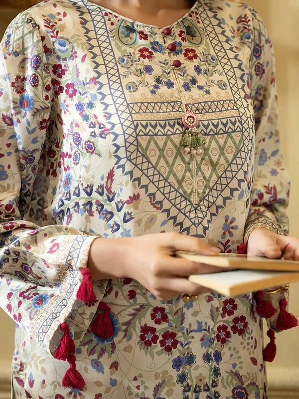 Rangreza Women Silk 2 Piece floral printed shirt with tassel embroidery