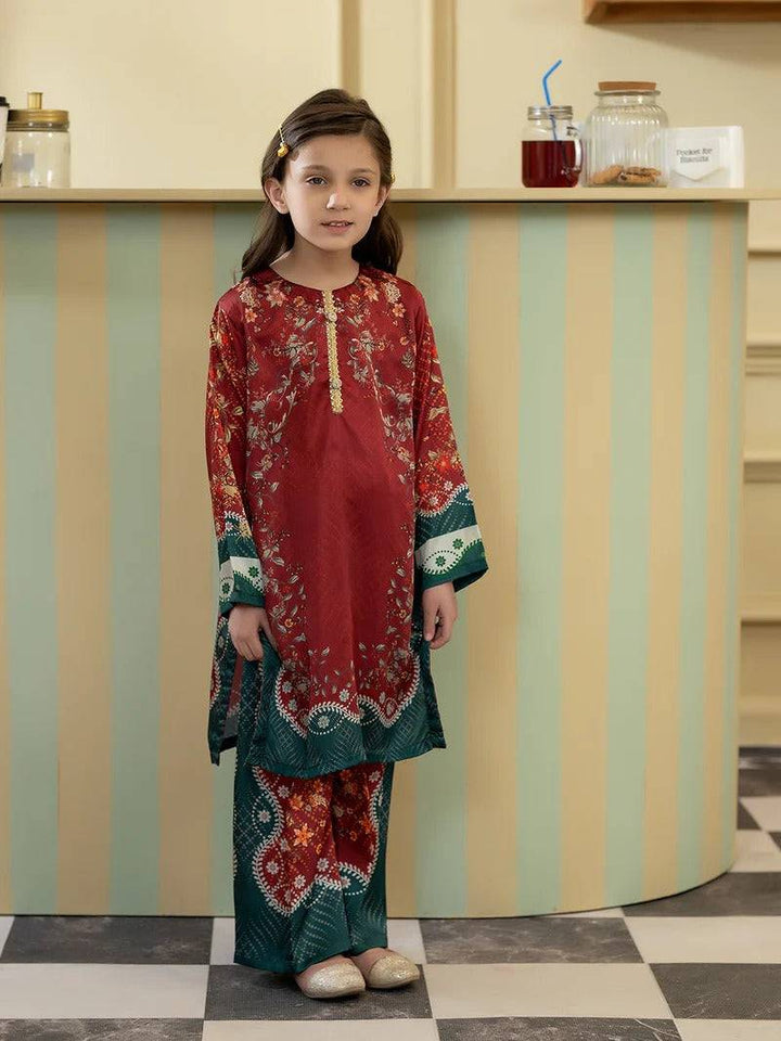 Girl in traditional silk kurta and pants, front view, ethnic clothing, indoor background