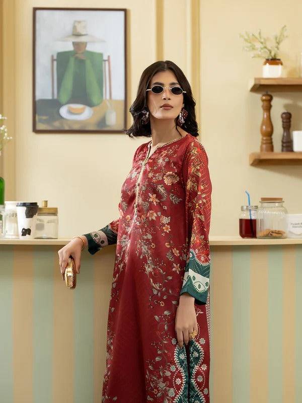 Back view of Rangreza women silk 2 piece with embroidered top and printed trousers, styled with sunglasses