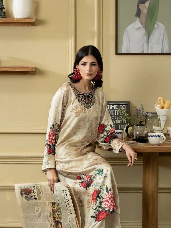 Rangreza Women Silk 2 Piece in beige with floral embroidery, traditional outfit for women