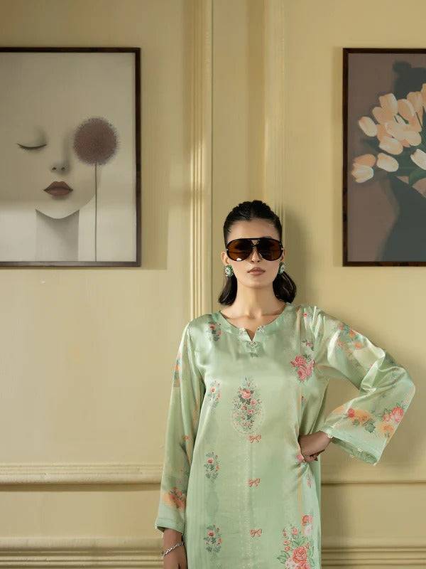 Shamoz printed silk shirt and trousers in pastel green with floral embroidery, casual women&