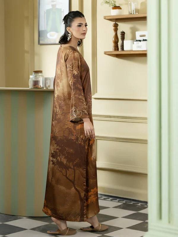 Side view of women silk kurta with printed pattern